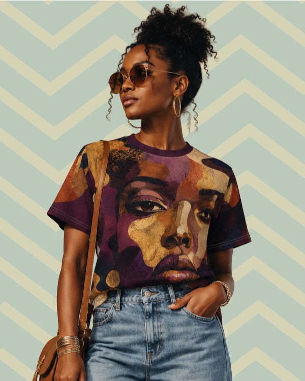 Afrocentric Portrait Tee — Earth-Tone All-Over Print